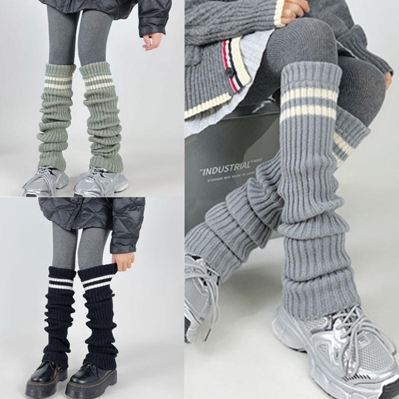 Women Thicken Ribbed Knit Leg Warmer Preppy Style Double Striped Leg Covers Snow Boot Cuffs Over Knee Stacked Long Socks