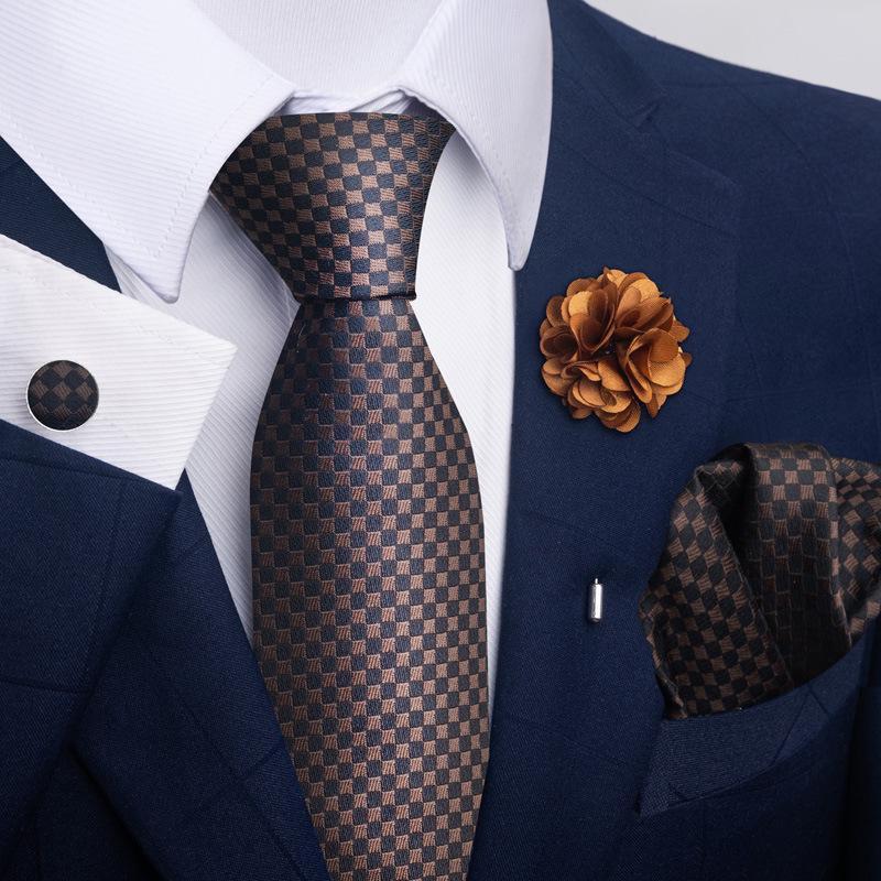Brown Paisley Men's Tie, Pocket Square, Cufflinks & Boutonniere Set for Business Formal Wear.