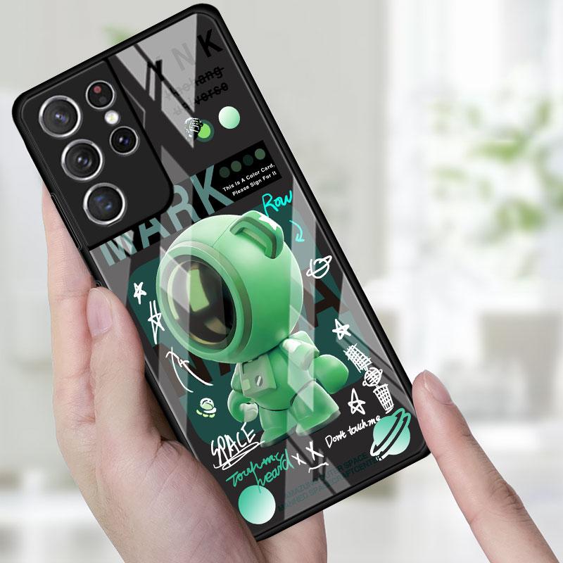 Phone Glass Case For Samsung Galaxy S22 S21 S20 Ultra FE S9 S10 S8 Plus Note 20 10 Lite 9 8 Cover Coque Cute Head Mini Astronaut