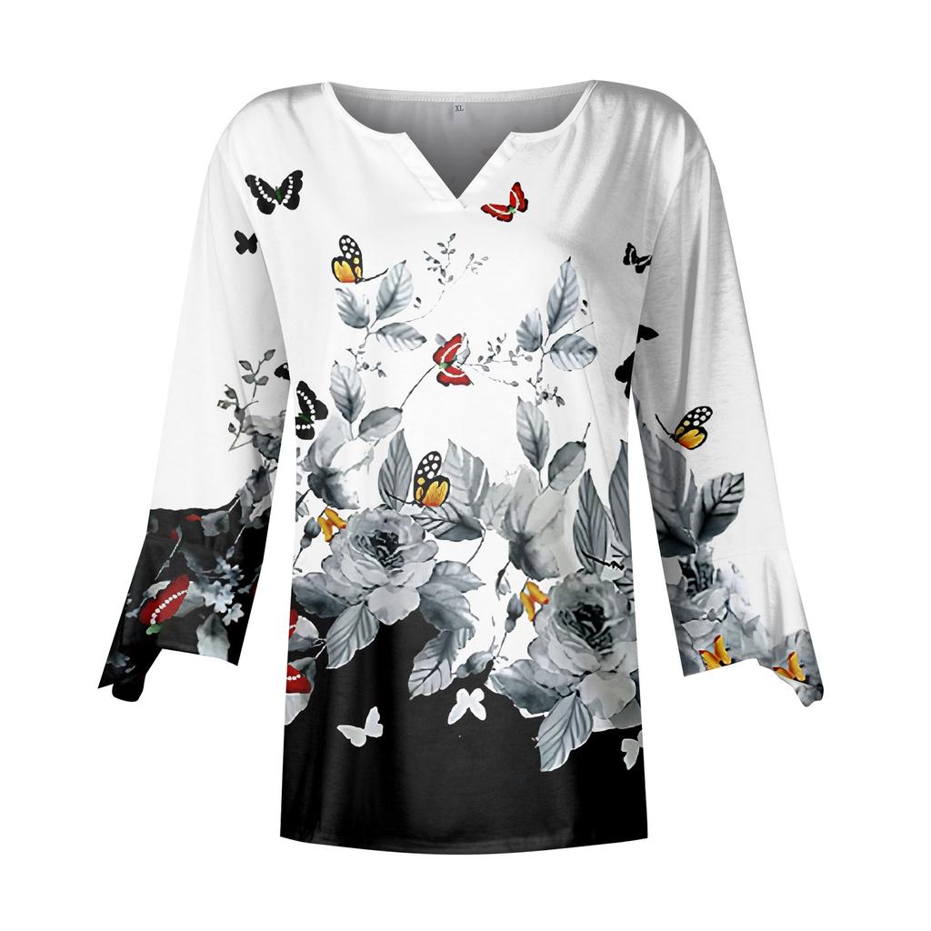Damenmode V-Ausschnitt Druck 3/4 Ärmel Druck T-Shirt Slim Top Lässige Oberteile