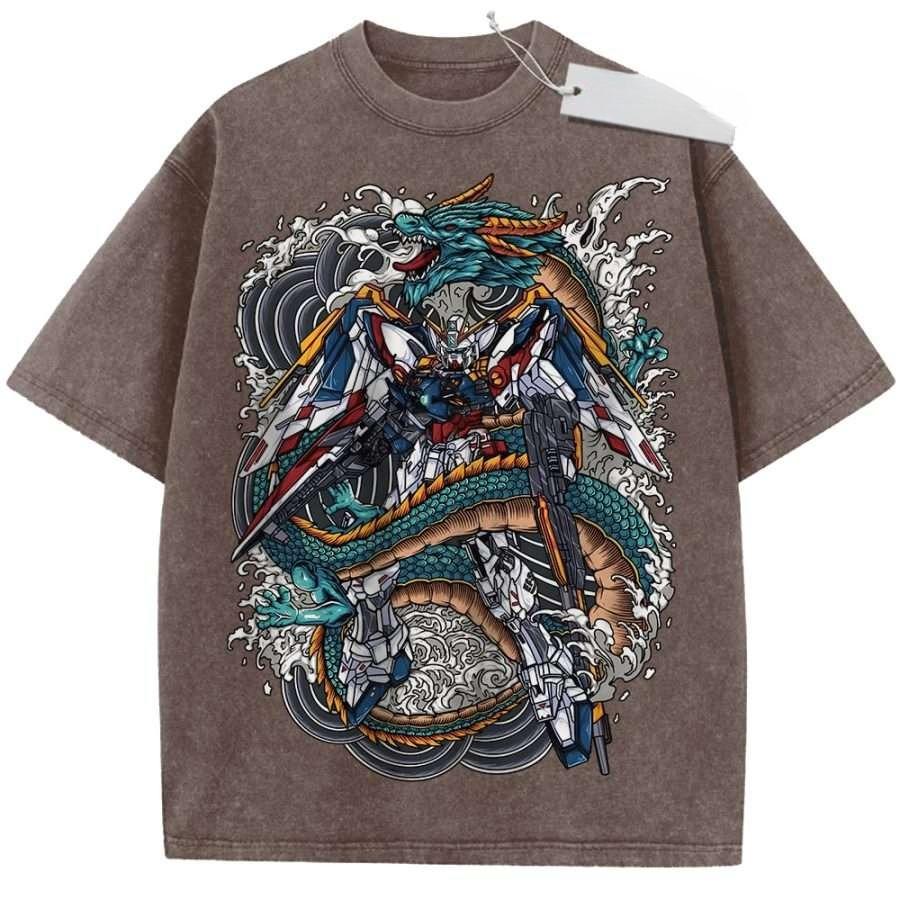 Vintage Washed Anime Oversized TShirt White Gundam Dragon Graphic Streetwear Tee For Otaku Casual Daily Campus Home Wear