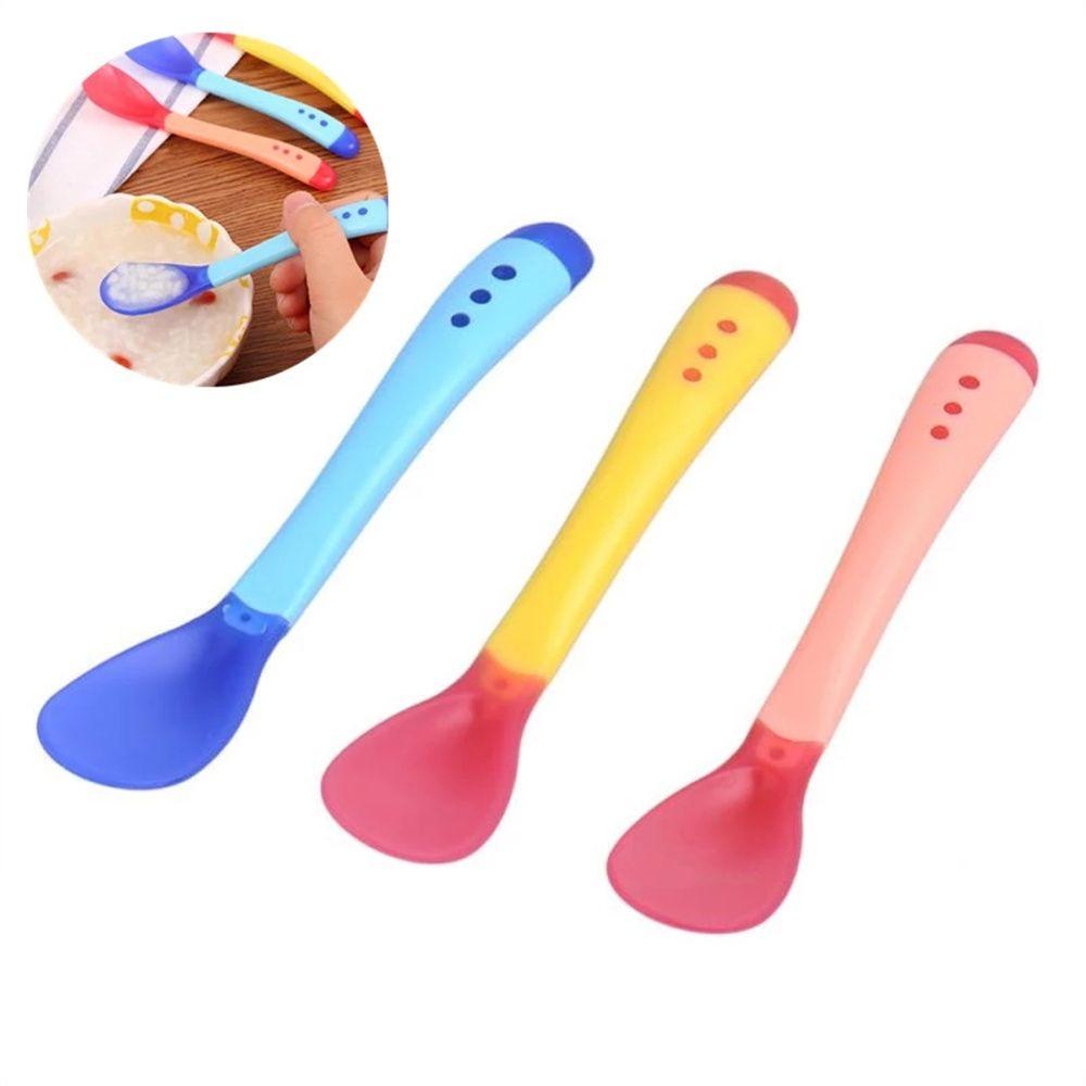 Candy Color Soft Food Feeding Infant Silicone Spoon Toddler Flatware Fork Temperature Sensing Spoon