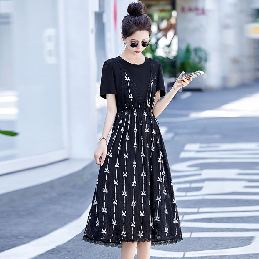 Fake two-piece dress women's summer new small fashion temperament waist and thin skirt