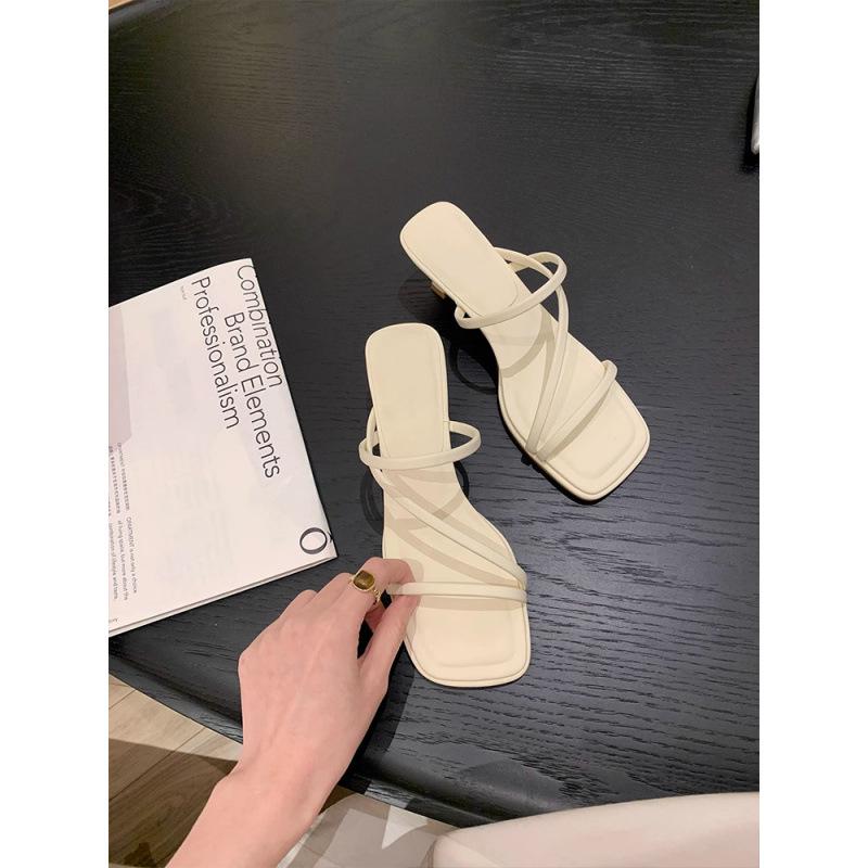 Island Strap Square Head High Heel Cool Slippers Leather Women