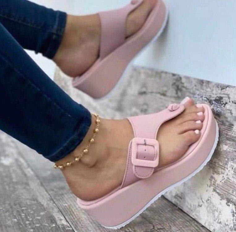 Cool Slippers Women's Foreign Trade New European and American Large Size Beach Shoes Muffin and Casual Low-top Toe Pink Slippers