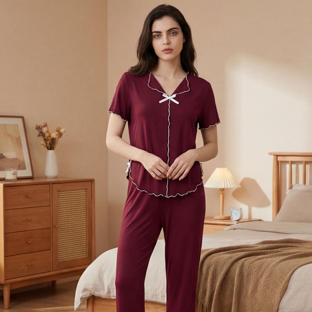 European and American new wholesale short-sleeved pajamas set women's summer loose sweet bow casual home two-piece set