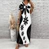 Women Plus Size V Neck Short Sleeve Black White Printed Straight Long Dress