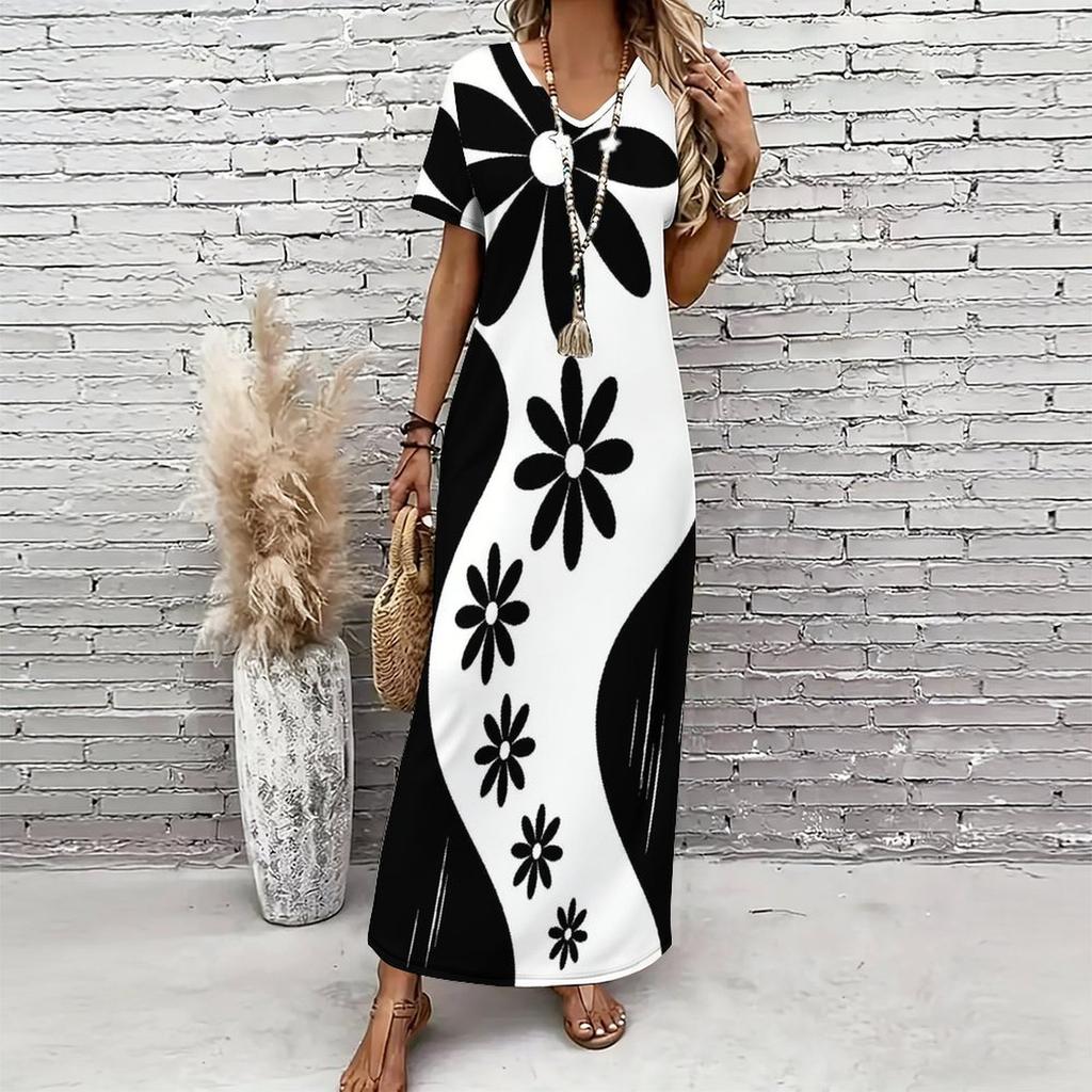 Women Plus Size V Neck Short Sleeve Black White Printed Straight Long Dress