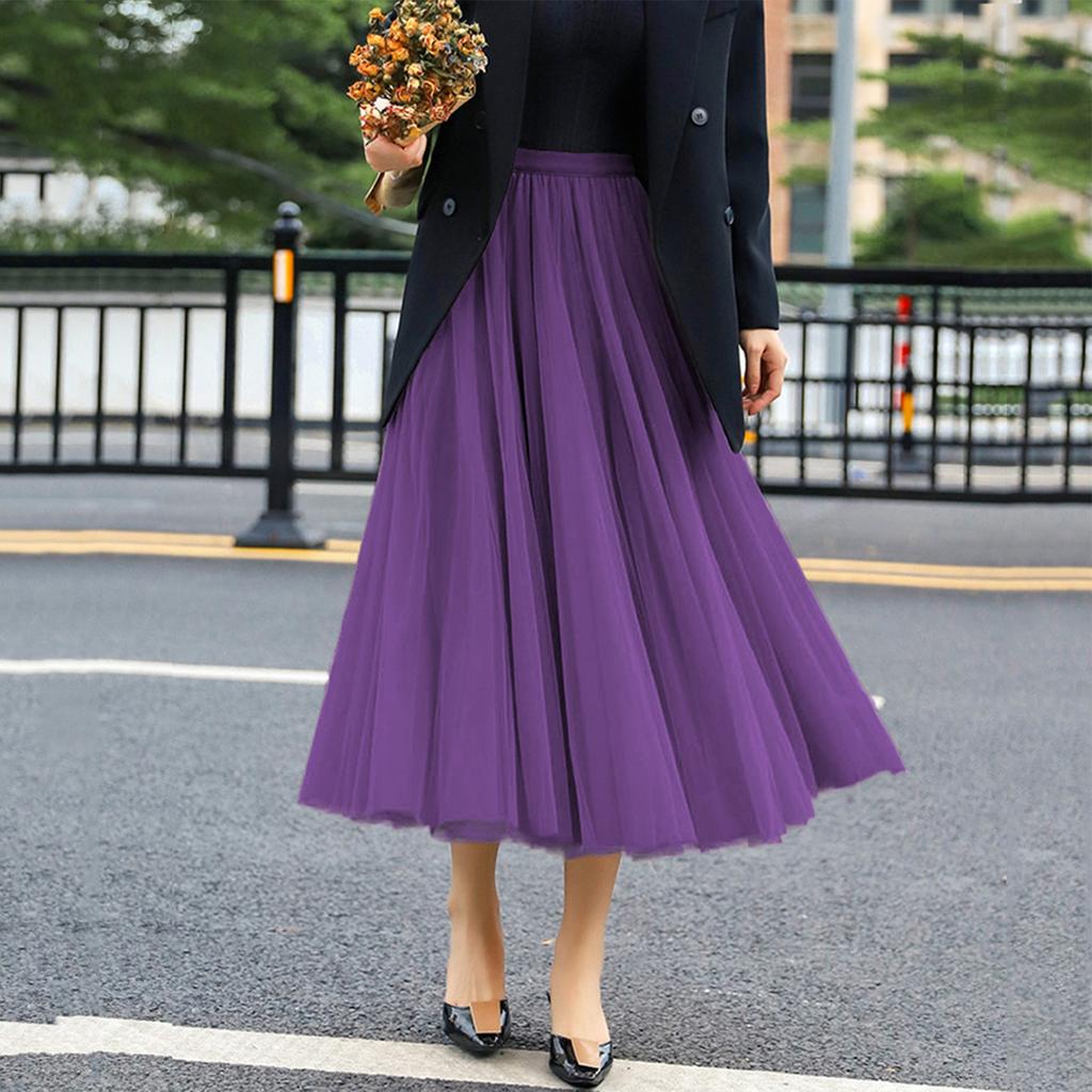 Women's Fashionable Color Loose Mesh Skirt, Elastic High Waist Large Swing Skirt, Pleated Skirt