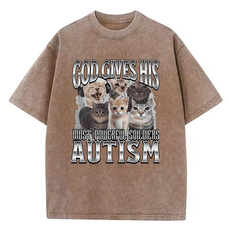 Novelty Meme God Gives His Most Powerful Autism Cat T Shirt Washed 100% Cotton T-Shirt Graphic Casual Streetwear Spring