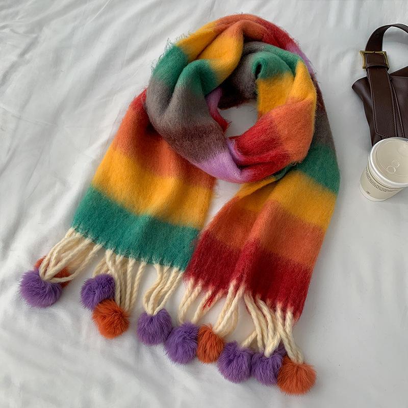 Wind Dopamine Color Stripe Hanging Ball Scarf Warm Student Premium Versatile Scarf