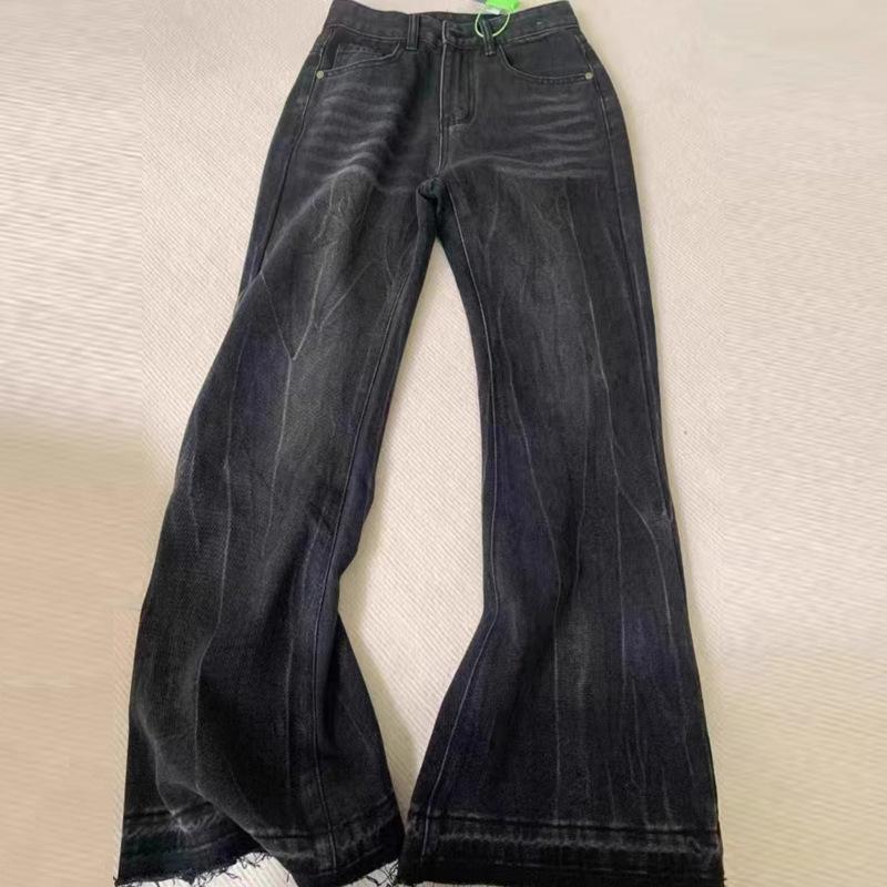 

Джинсовые микро расклешенные брюки Женские облегающие брюки Американский дизайн больших размеров Высокая талия Ретро джинсы 3XL черный серый