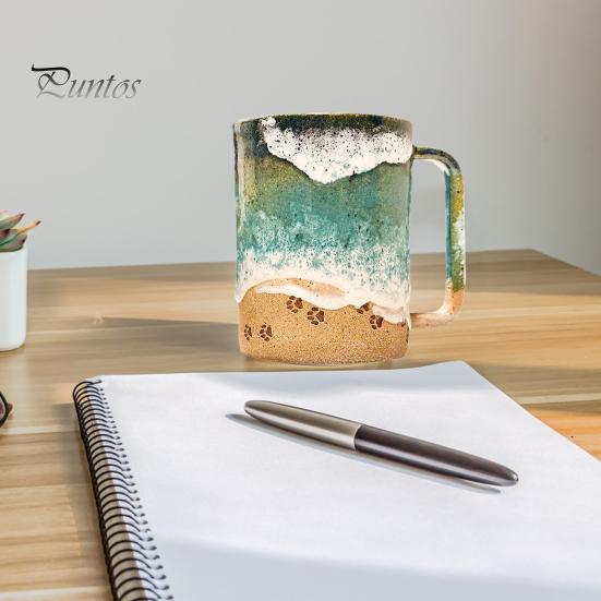 Paw Print Ocean Shoreline Mug Ceramic Coffee Cup Handmade Waves Pattern Tea Mug 11oz/15oz Sea Foam Claw Drinking Mug Beach Souvenir Gift