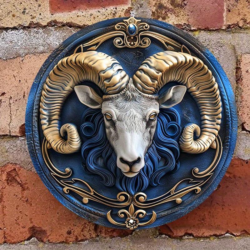 Aries Zodiac Ram Wooden Wall Decor, Round Metal Sign Weather-Resistant Artwork Door Hanger or Wreath Decoration