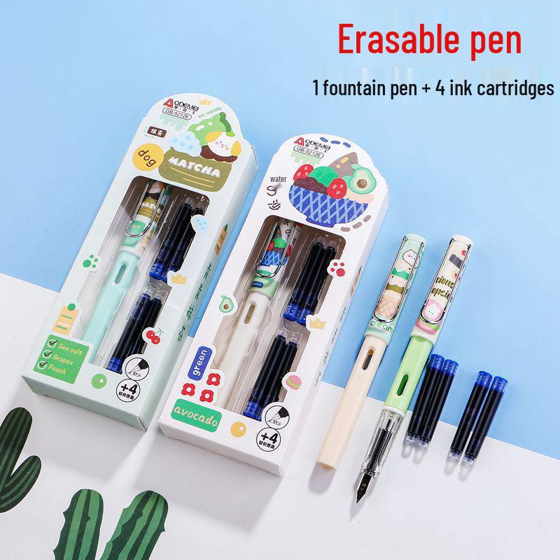 Crystal Blue Fountain Pen with 4 Replaceable Erasable Ink Cartridges