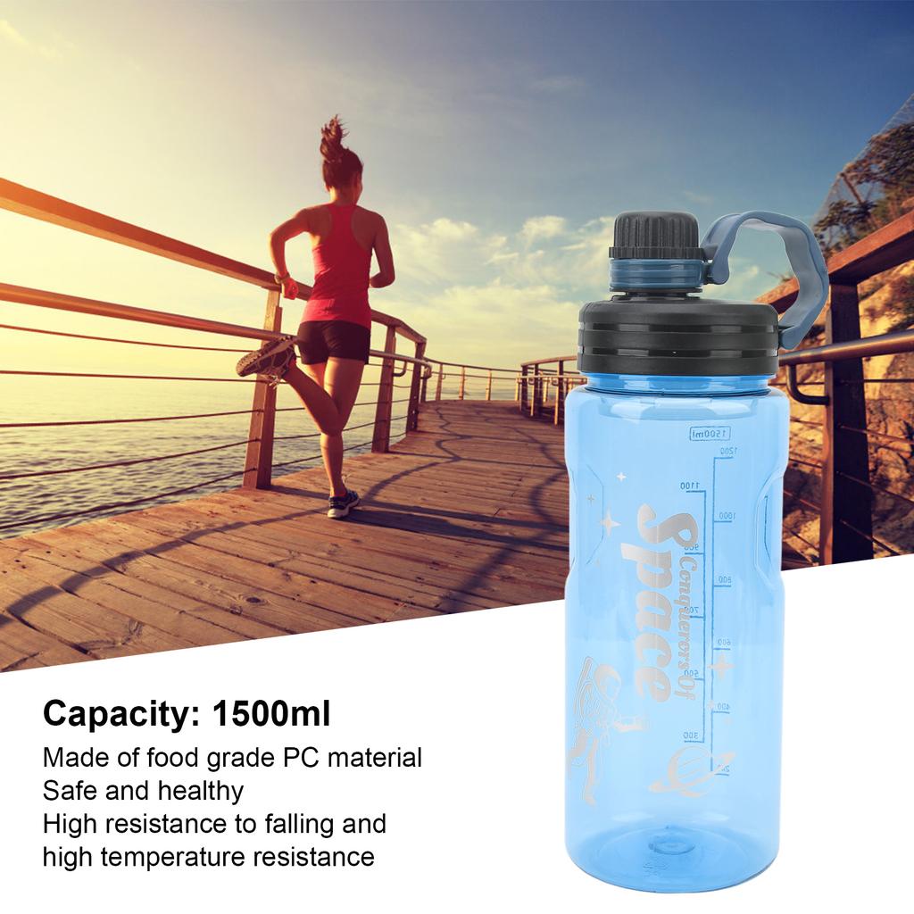 1500ml Sports Water Bottle Food Grade PC with Drinking Water Scale Fitness Jug for Gym Cycling Running