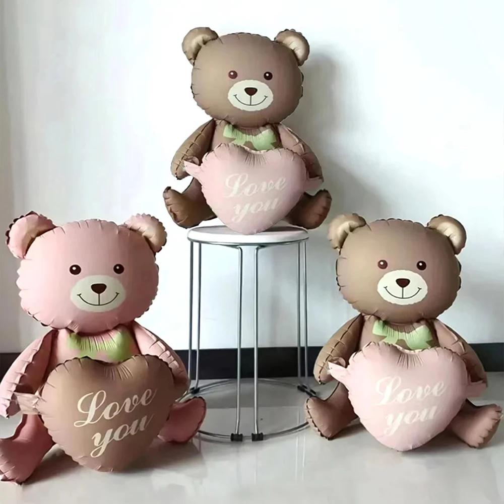 3D Matte Standing Bear Foil Balloons Bear Hold Heart Wedding Birthday Party Decoration Balloons Gifts Supplies