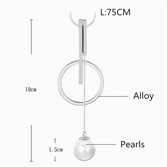 Women Fashion Imitation Pearl Circle Bar Pendant Sweater Chain Necklace Jewelry