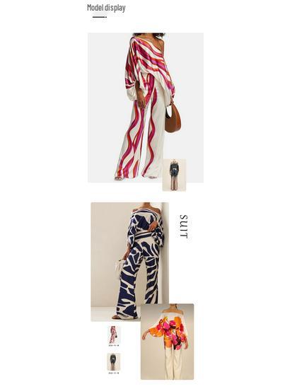 European & American Women's Print Top & Wide-Leg Pants Set with Batwing Sleeves