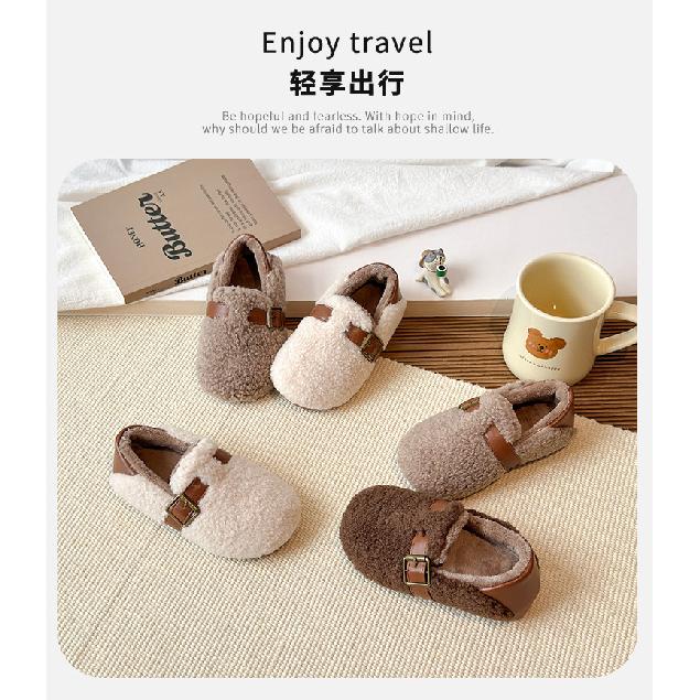 Children's woolen curly girls' cotton shoes, new autumn and winter solid color outdoor wear, warm shoes for small, medium, and large children