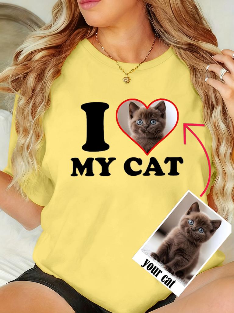 Custom T-Shirts Womens Summer I Love My Cat DIY Your Pet's Photo Casual Soft Loose O-Neck Short Sleeve Tops Memorial Clothes
