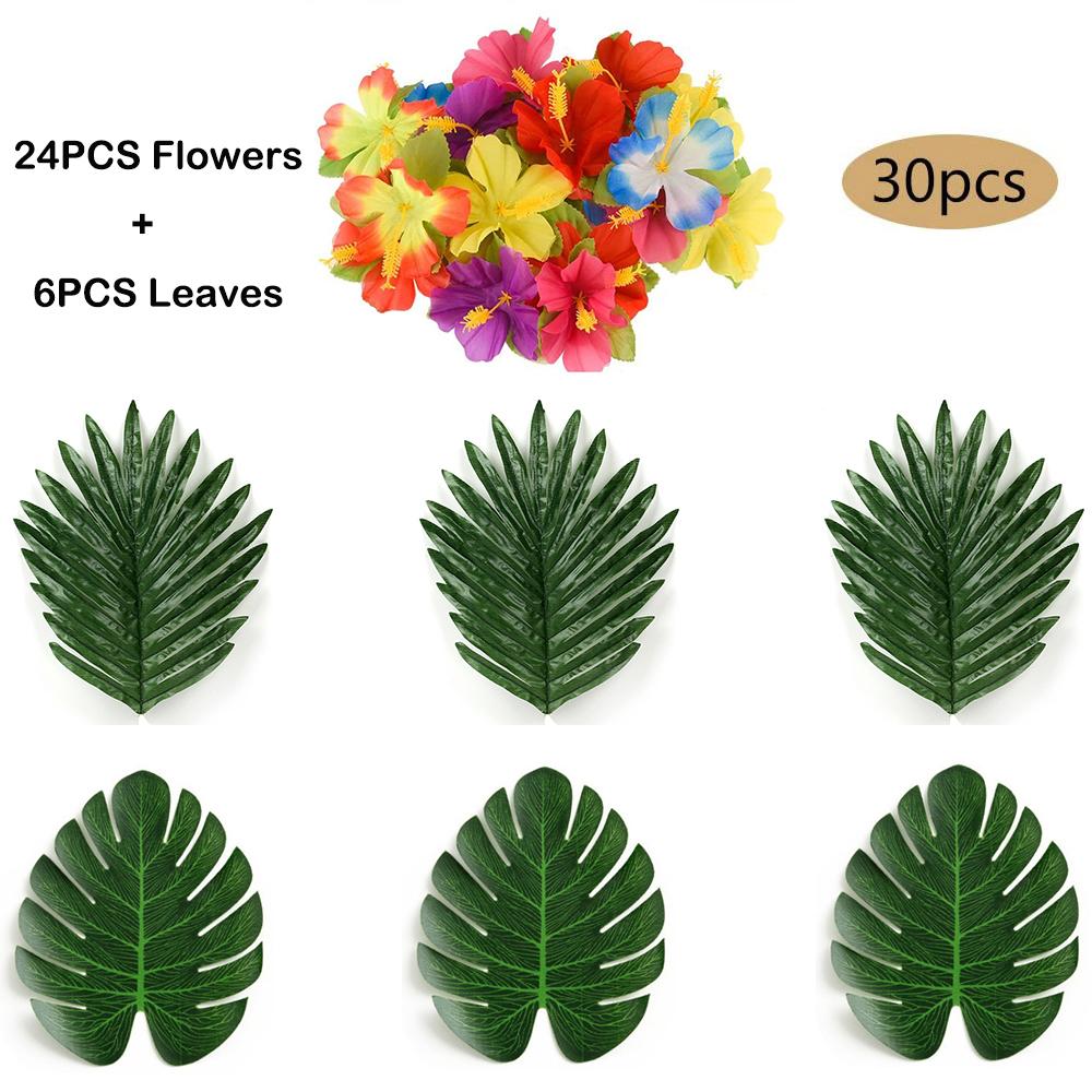 Tropical Monstera Palm Leaves Hibiscus Flower Hawaiian Luau Leaves Tropical Party Jungle Beach Table Decoration Wedding Birthday