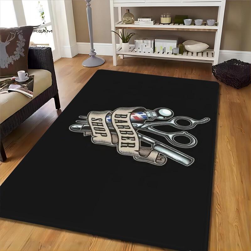Flannel Printed Barber Shop Rug Black White Design Barbershop Theme Decor Soft Floor Mat For Salon Stylist Home Office And Man
