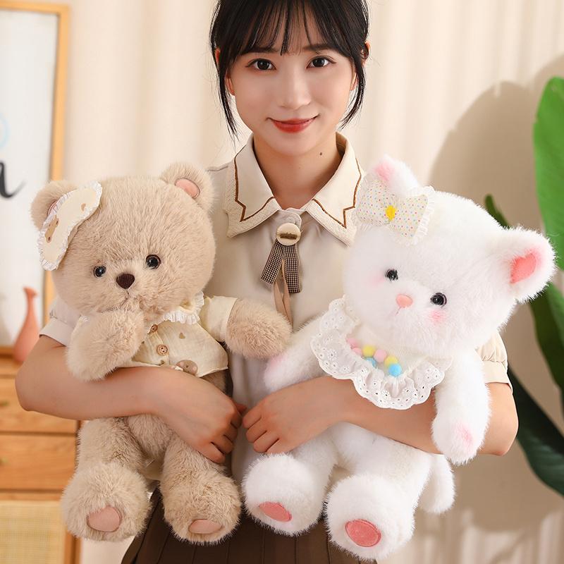 Flauschiges Plüsch Weißer Teddy Braunbär Weißes Baby Kaninchen Fuchs mit Lätzchen Kleid Niedlich Lecker Kuscheltiere Kuschel Umarmungs Spielzeug