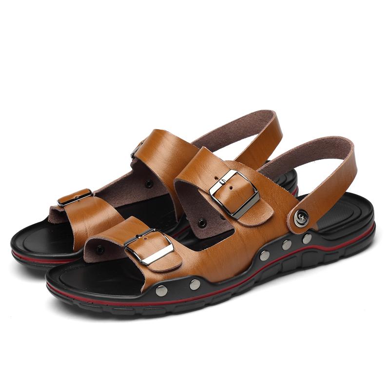 

Fashion Internet Celebrity Fashion Men Sandals Black Light Two-layer Leather Outdoor Comfortable Beach Shoes Business Casual Men Sandals 49 светло-коричневого