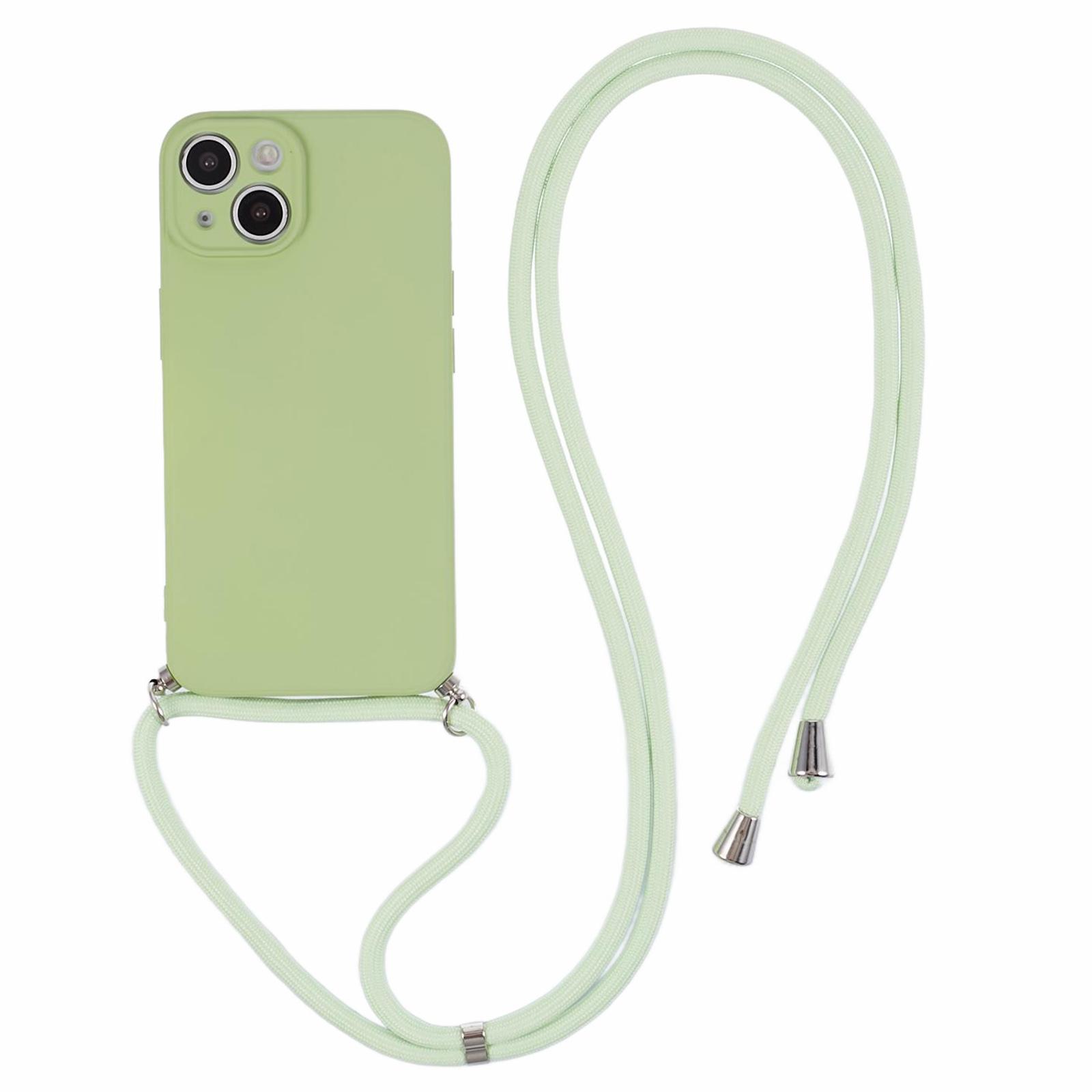 

For iPhone 13 TPU Case Fiber Lining Anti-scratch Phone Cover with Long Lanyard Matcha Green