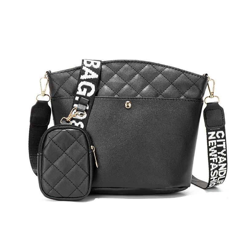 Rhombus Embroidered Shoulder Crossbody Bucket Bag Trendy Versatile Belt Small Round Bag Large Capacity Women's Bag