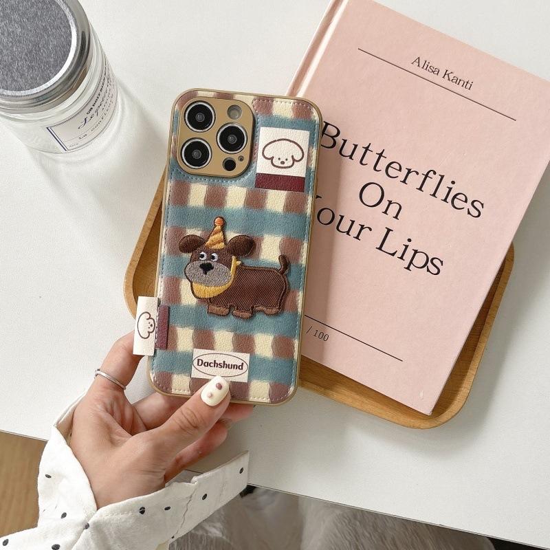 Cute 3D Dachshund Dog Color Block Phone Case, Leather Texture Protective Cover for iPhone