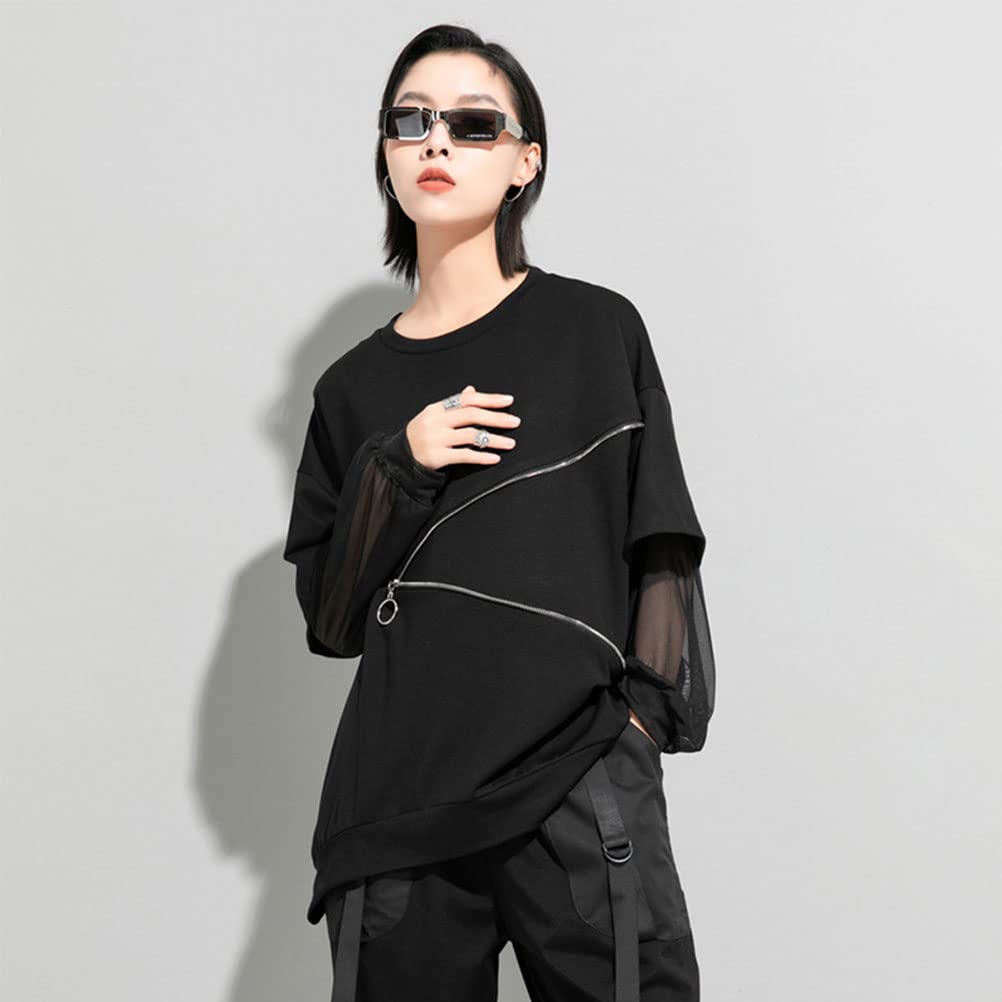 Morino Loose Fit with Tulle Striped Stylish Unique Long Women's T-Shirt Sleeves, Pattern, Streetwear, Style, Black, Spring/Summer (Black - Sleeve)