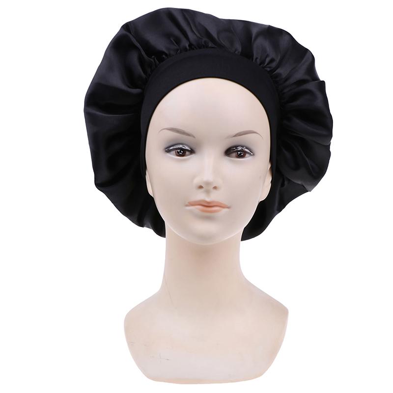 58Cm Solid Color Women Satin Bonnet Cap Night Sleep Hat Adjust Shower Caps