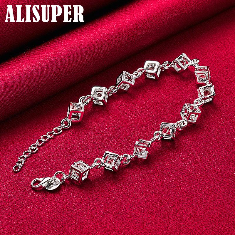 925 Sterling Silver Square AAA Zircon Chain Bracelet Jewelry