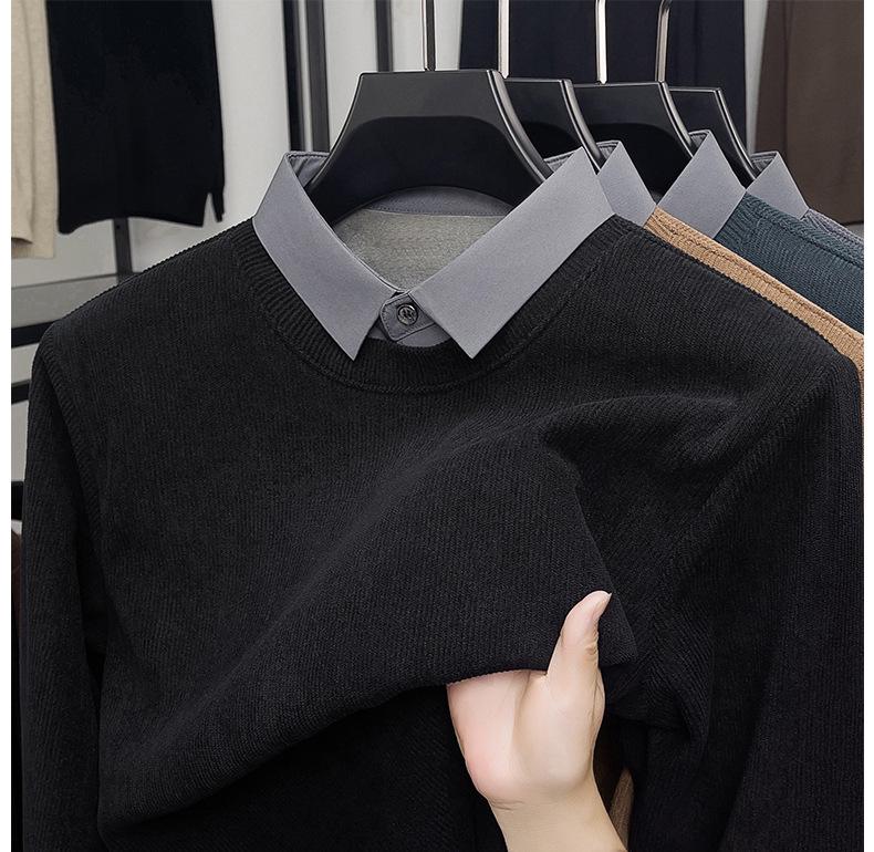 Woodpecker Men's Winter Two-Piece Sweater with Velvet Lining - Thick, Warm, Casual Shirt Collar for Middle-Aged Dads