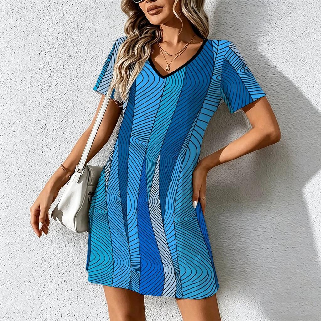 Mode d'été pour femmes Robe à col en V à manches courtes avec imprimé géométrique rétro Jupe courte sexy Robes