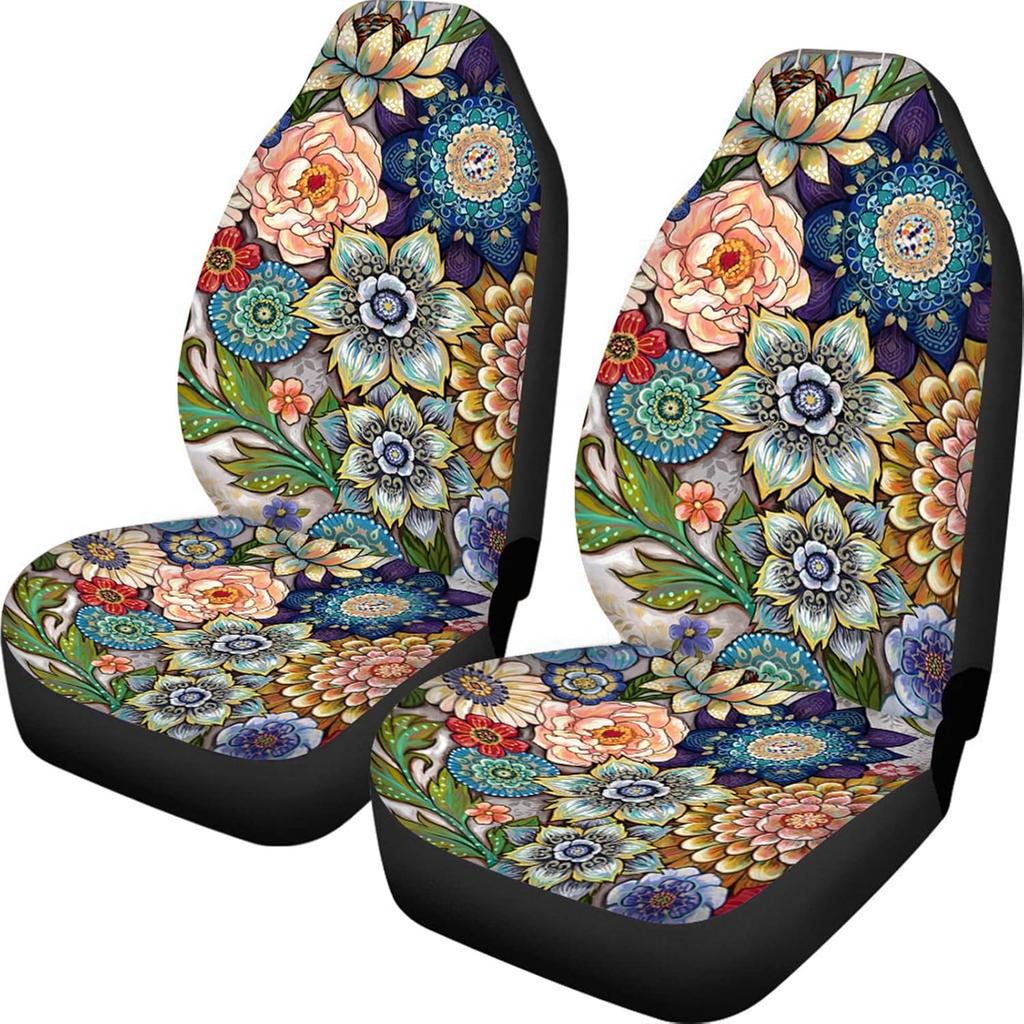 Bright Blossoms Colorful Boho Floral Print Car Seat Covers For Women,Universal Auto Front Seats Protector Fits For Car,SUV Sedan,Truck