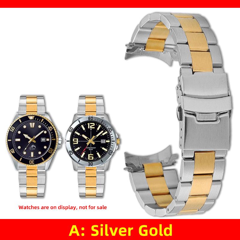 22mm Gold-Schwarz Edelstahl Uhrenarmband für Casio MDV-106 MDV-107 2784 Armband Gebogenes Metall-Armband Faltverschluss Armband