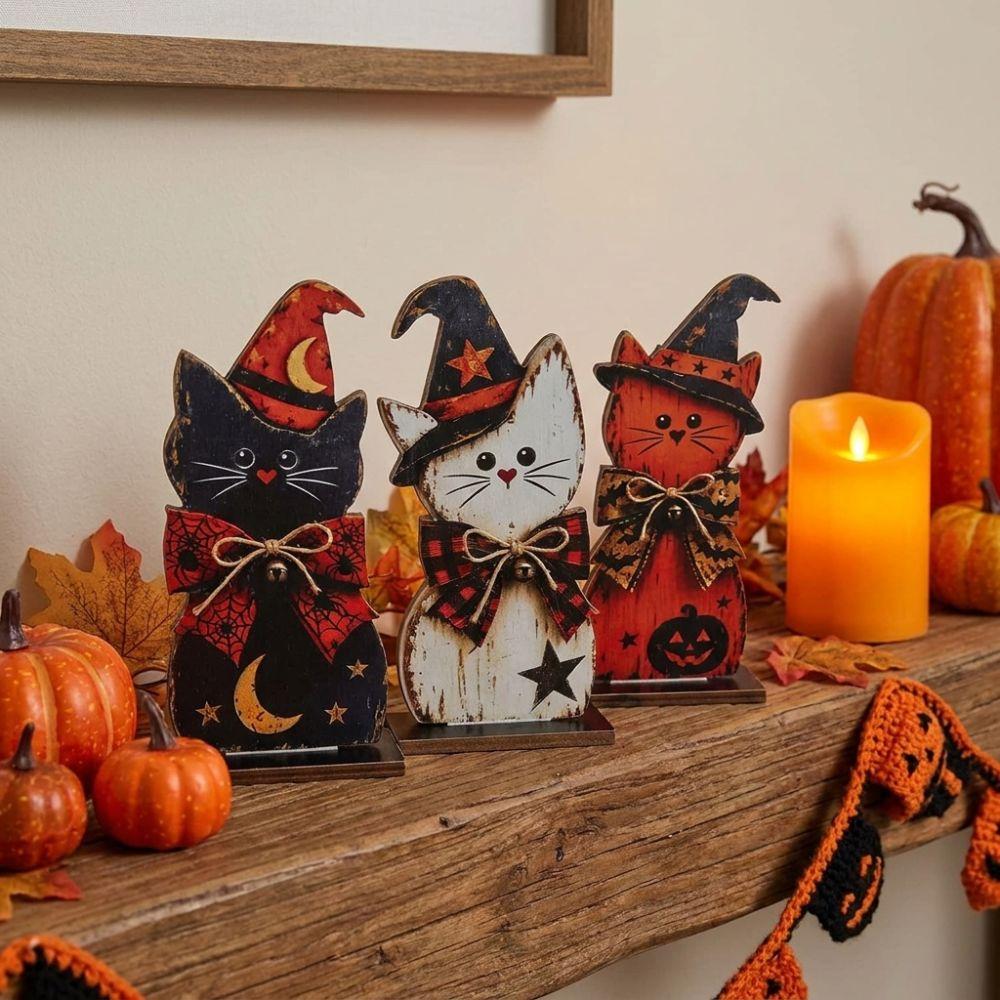 3Pcs Thickened 2D Flat Wooden Halloween Witch Cat Set Thanksgiving Party