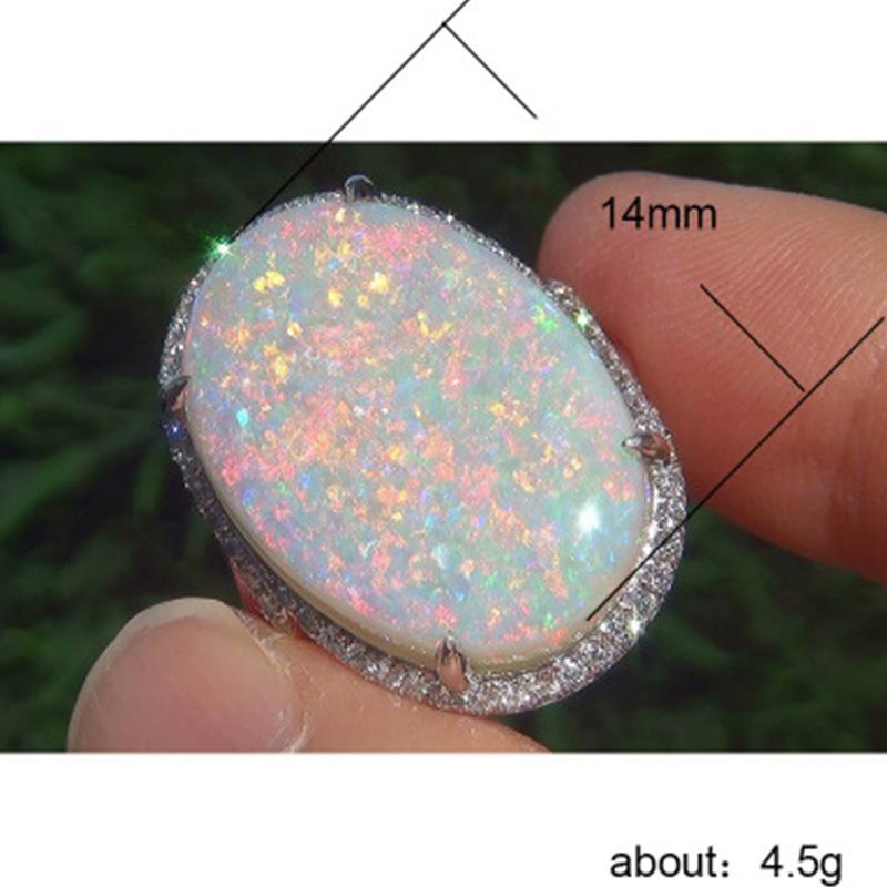 Milangirl Großer Ovaler Feueropal Ring Mode Zirkon Weißer Mondstein Leuchtende Farbe Ringe für Damen Hochzeits Verlobungsring