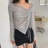 New Arrivals Open Run Women Mesh Design Asymmetrical Long Sleeve Shirring Knit