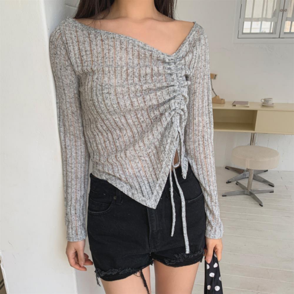 New Arrivals Open Run Women Mesh Design Asymmetrical Long Sleeve Shirring Knit