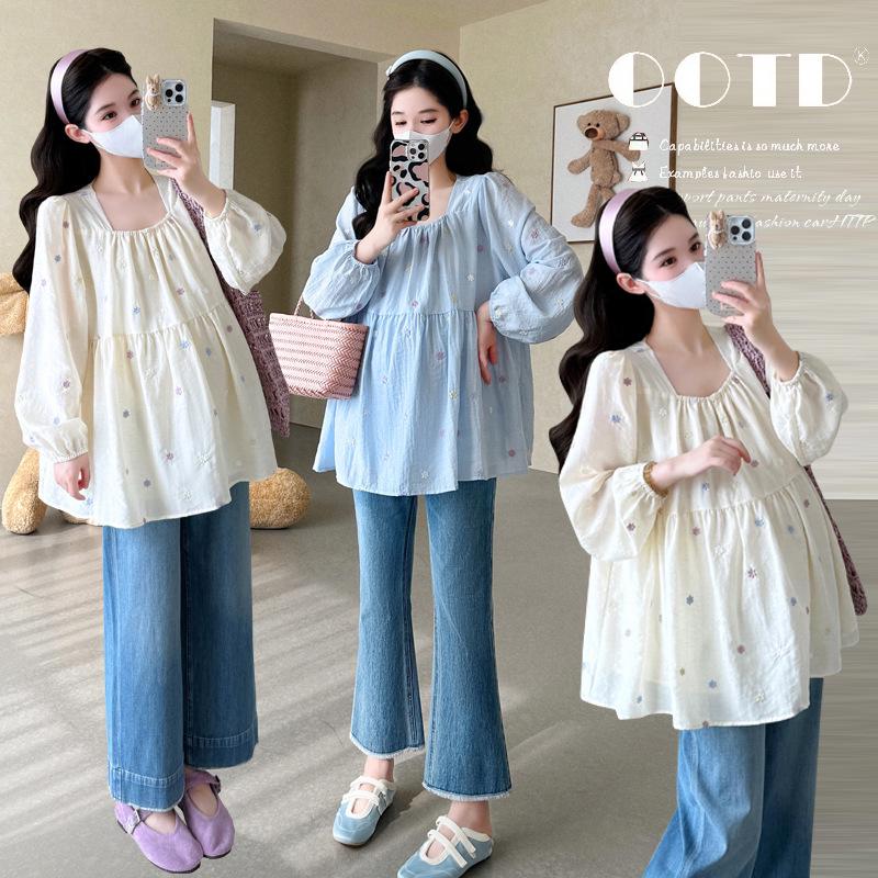 Korean Style 2026 Spring Maternity Floral Embroidered Doll Shirt L
