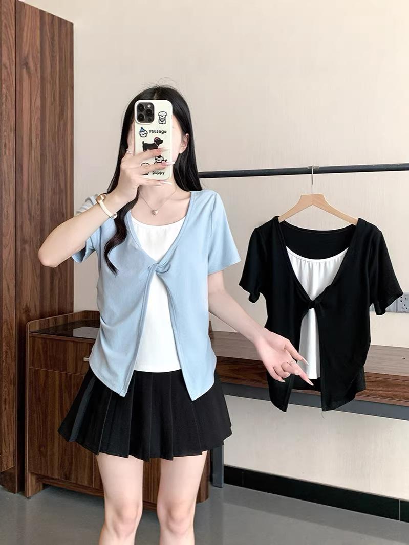 

2026 Summer Collection: Plus Size Women s Color Block Twist Short Sleeve T-Shirt XXL білий/синій