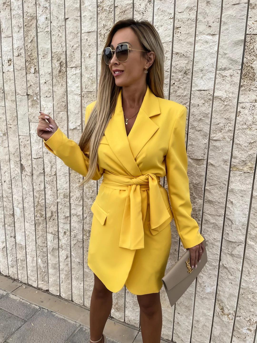 

Жіноче осінньо-зимове піджакове пальто з довгим рукавом і шнурівкою на талії, вільна сукня з цукерковим кольором і коміром L жовтий