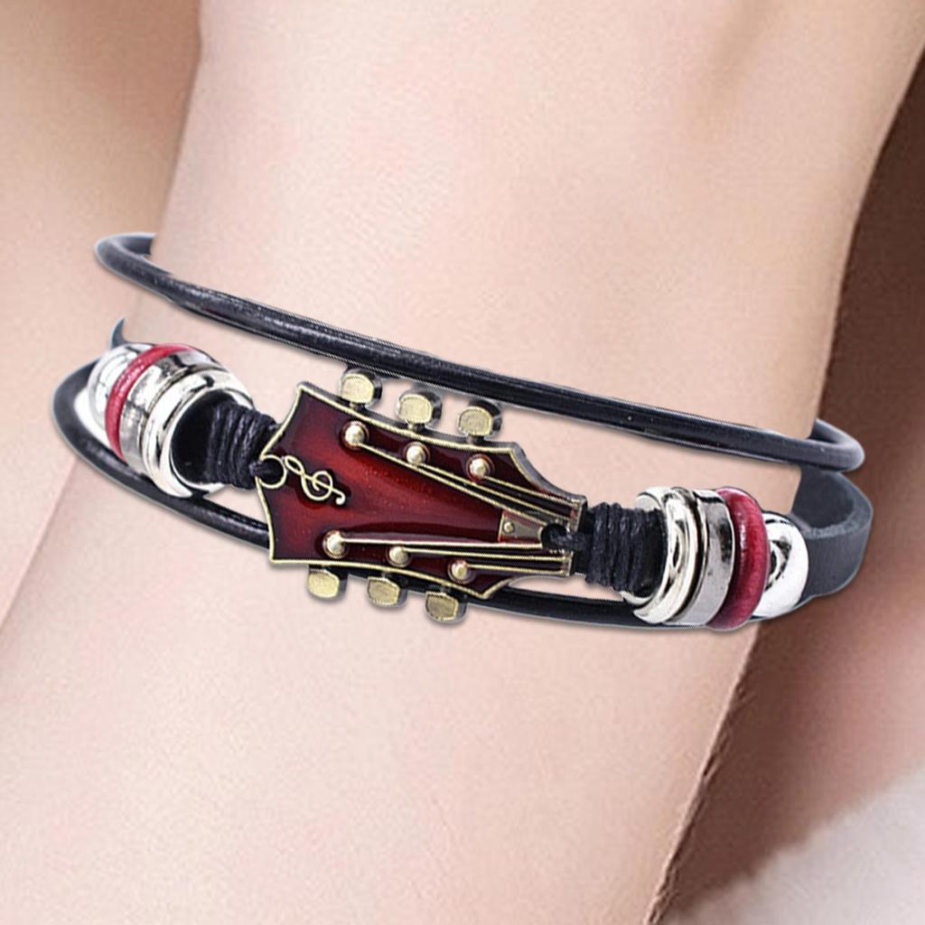 Punk Style Braided Guitar Bracelet Zinc Alloy Adjustable Buckle Manual Woven Faux Leather 3-Layered Punk Retro Wrist Jewelry