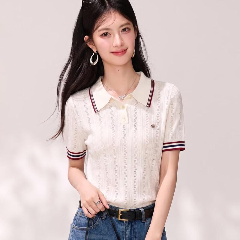 Hollow-out Polo Knit Short Sleeve Top with Contrast Stripe Collar XL