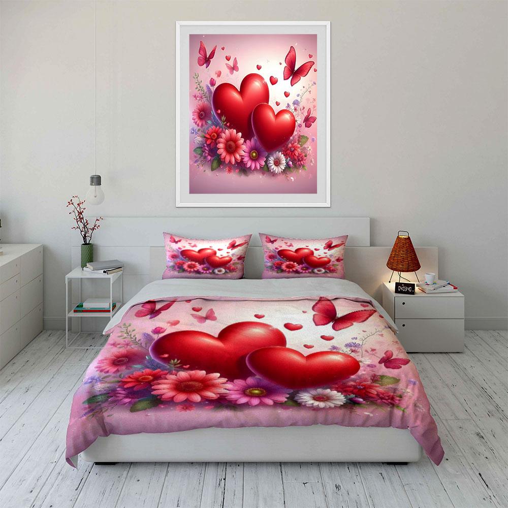 Romantic Hearts and Floral Set kid's and adults' bedroom decor, Exquisite three-piece bedding set gift