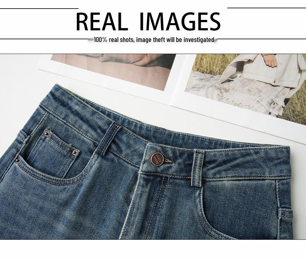 Jeansi Retro Albastru Damă cu Talie Înaltă și Picior Larg - Brodați, Croială Largă, Primăvară/Toamnă 2025